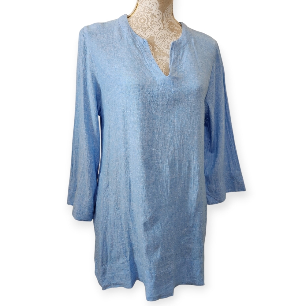 Lands' End Soft Linen Split Neck Heather Blue Beach Coastal Linen Tunic M